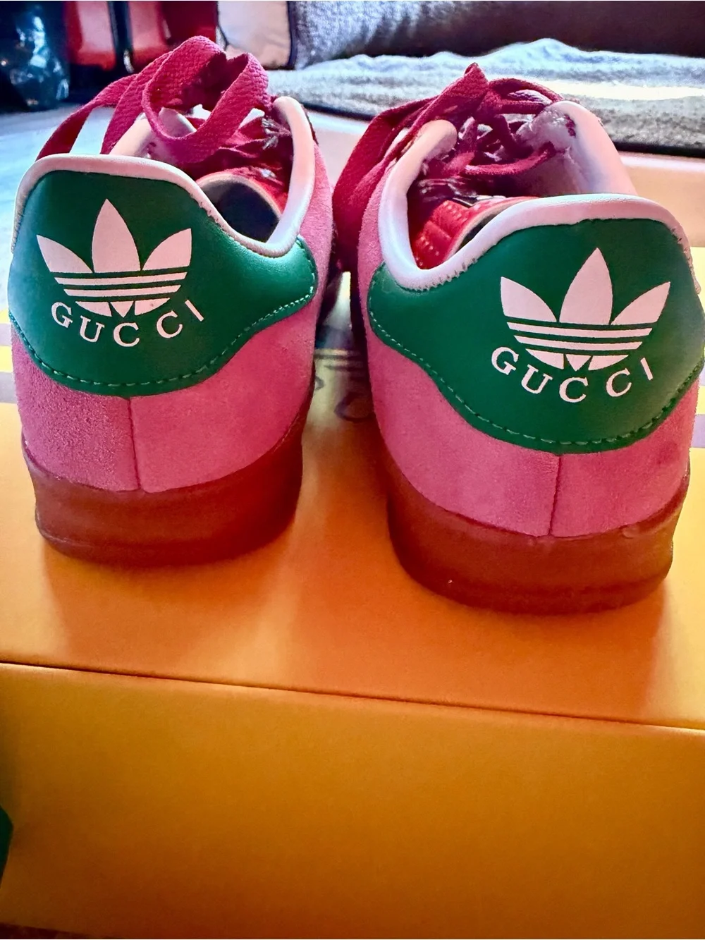 Gucci Pink Suede Sneakers with Green Logo Heel